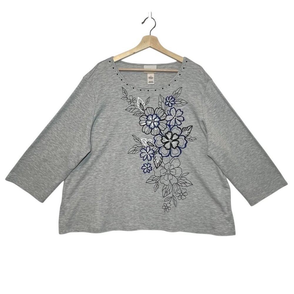 ALFRED DUNNER Woman Top Embellished Chenille Floral Size 2X Gray Long Sleeves - Picture 2 of 10